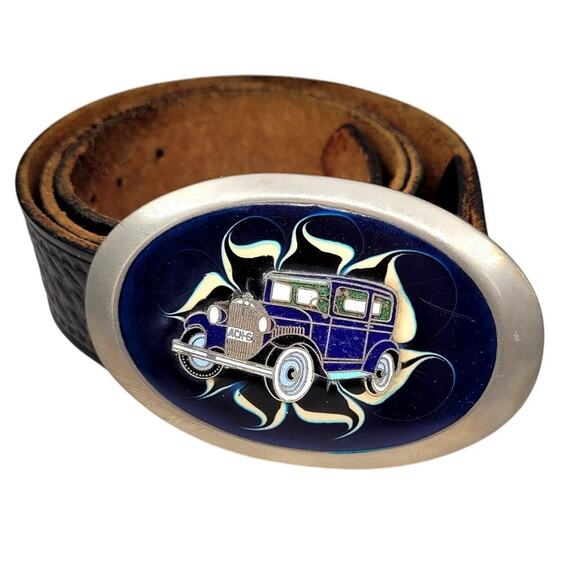 Mens Vintage Leather Belt Retro Car Buckle Black Textured Auto Accessory Classic - Picture 1 of 7